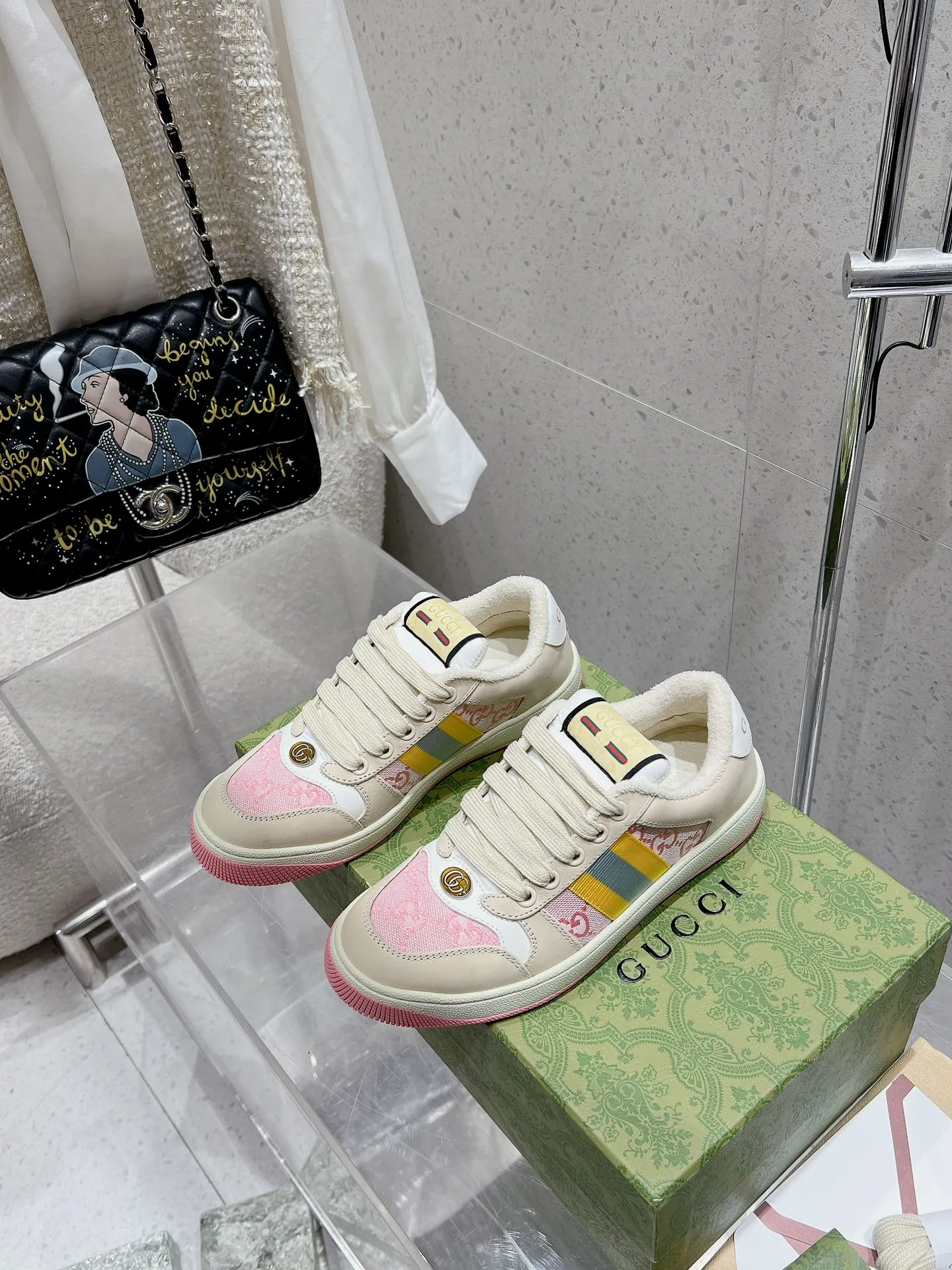 👟👟Ex-factory price 480👟👟 Women's shoes, women's clothing, long-term availability, Gucci Gucci, new Screener series, couple's style, chubby shoes, bread shoes, dirty shoes, chubby shoes, double G, casual sneakers, original purchase, development, original purchase, development, delivery counter exquisite packaging, fabric: original imported cowhide + double G fabric, lining: original customized breathable towel velvet lining Sole: original molded T👟👟factory price U outsole Size: women's 35-40 / men's 39-45 (women's 34 and men's 38 can be customized)